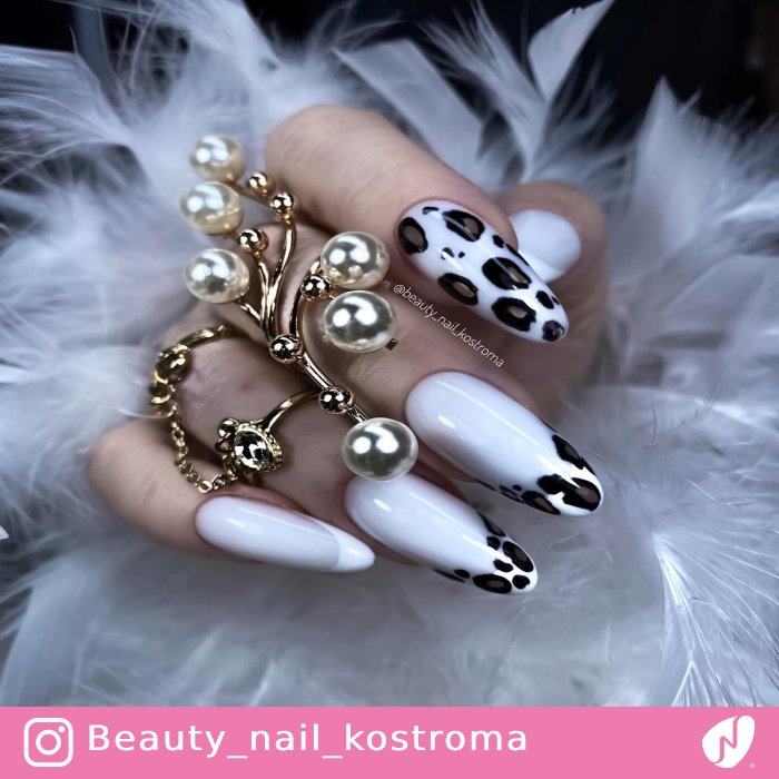 Milky White Nails with Leopard